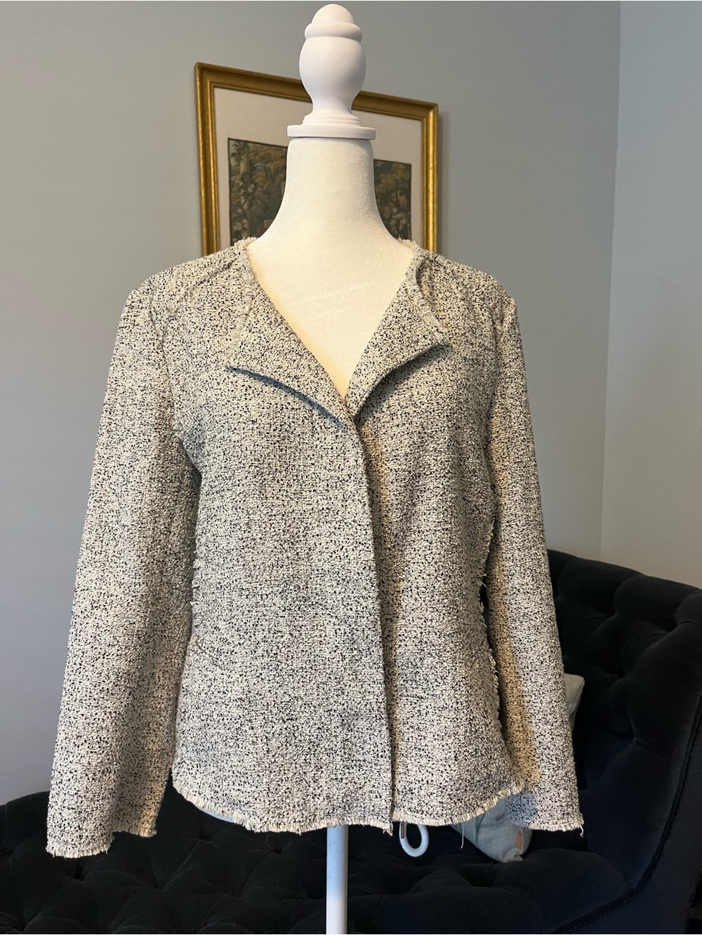LOFT Cream and Black Textured Open-Front Jacket